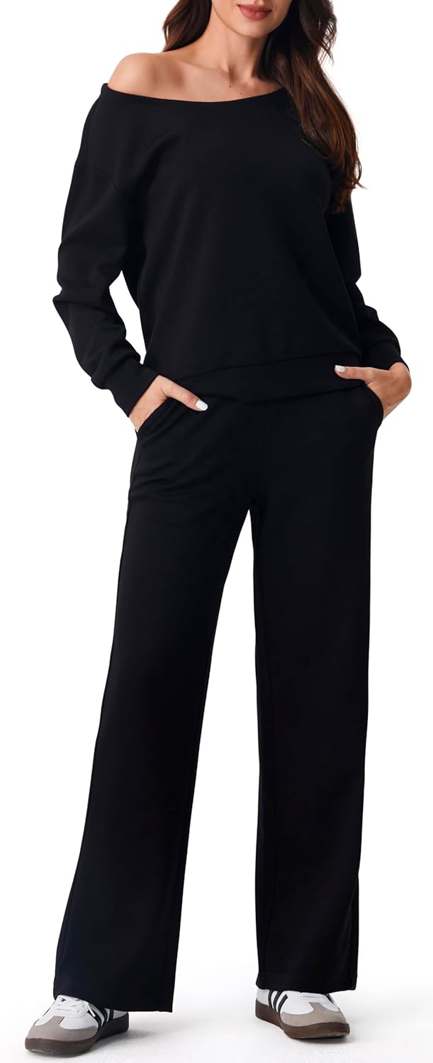 AFITNE Women 2 Piece Outfits Sets Off-Shoulder Long Sleeve Wide Leg Tracksuits with Pockets