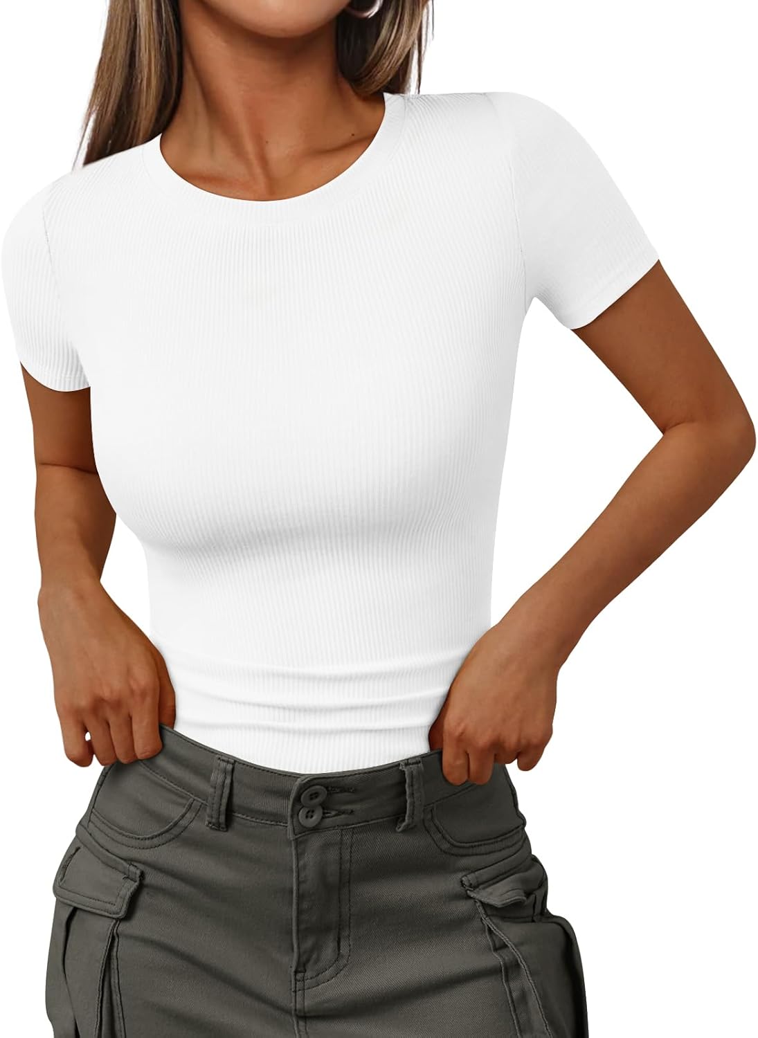 Trendy Queen Womens Short Sleeve Shirts Crewneck Ribbed Knit Slim Fitted T-Shirt Summer Basic Tee 2025 Tops