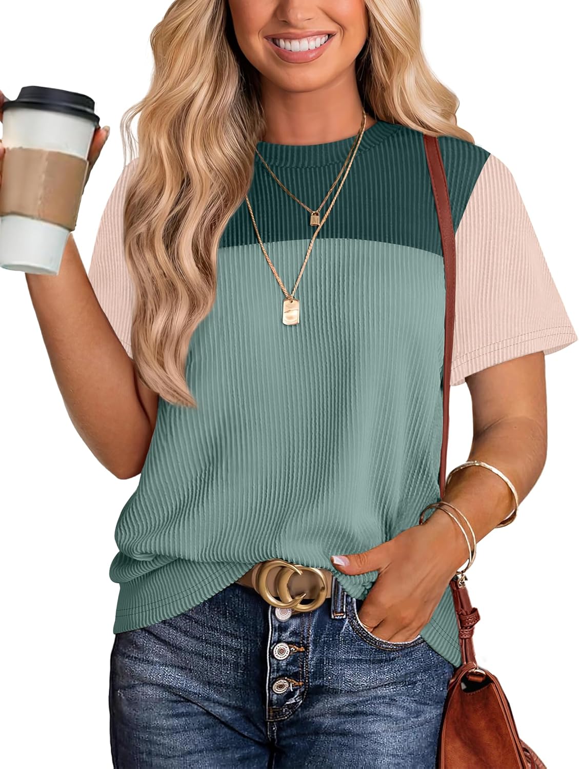 WIHOLL Womens Fashion 2025 Color Block Shirts Short Sleeve Crewneck Knitted Spring Summer Tops Casual Trendy