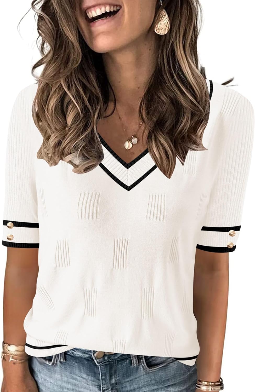 AKEWEI Womens V Neck Sweater Short Sleeve Lightweight Knit Spring Summer Tops with Decorative Buttons