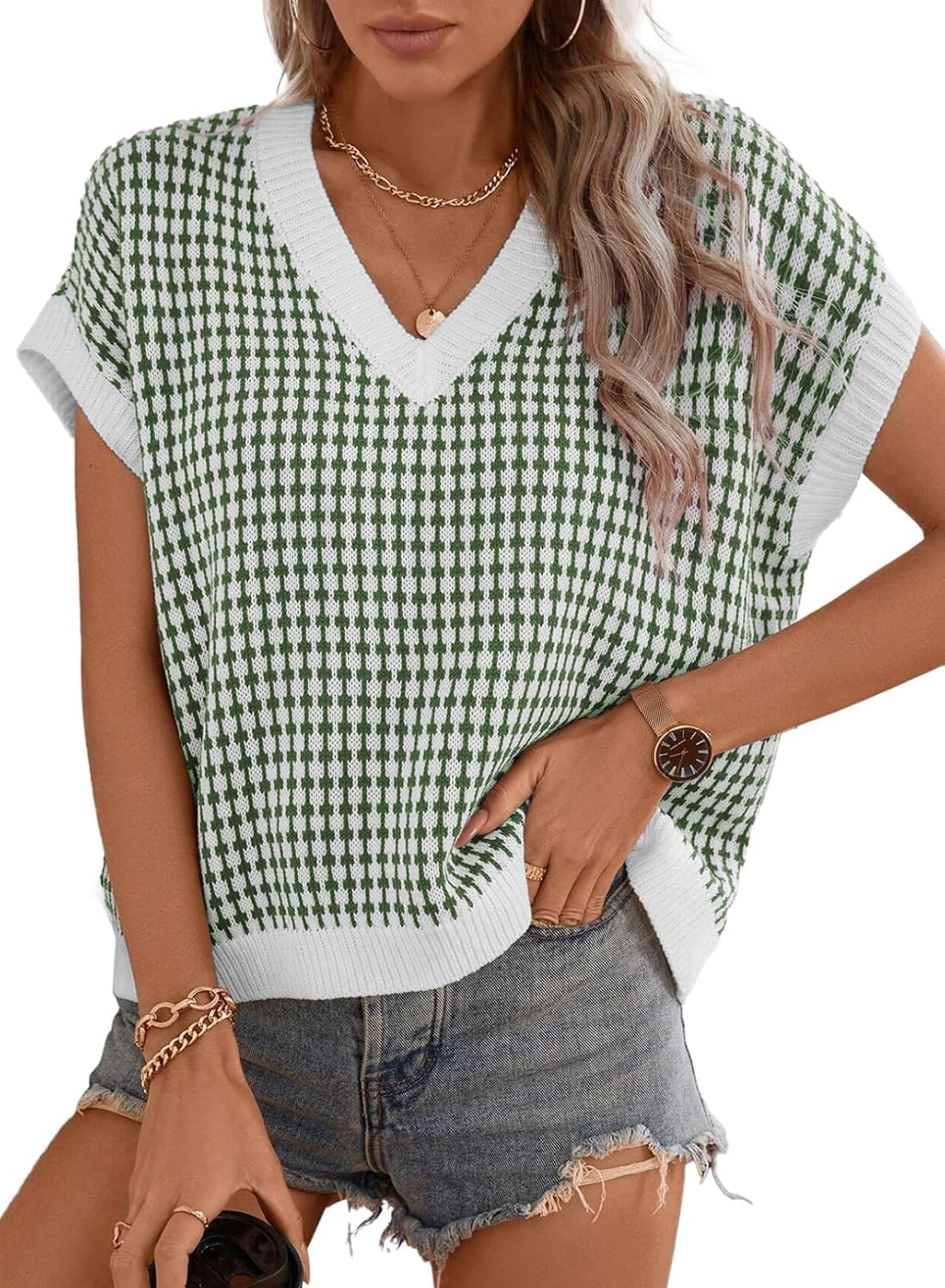 Dokotoo Womens Casual Summer Tops V Neck Short Sleeve Plaid Knit Vest Loose Fit Pullover Sweaters Blouses