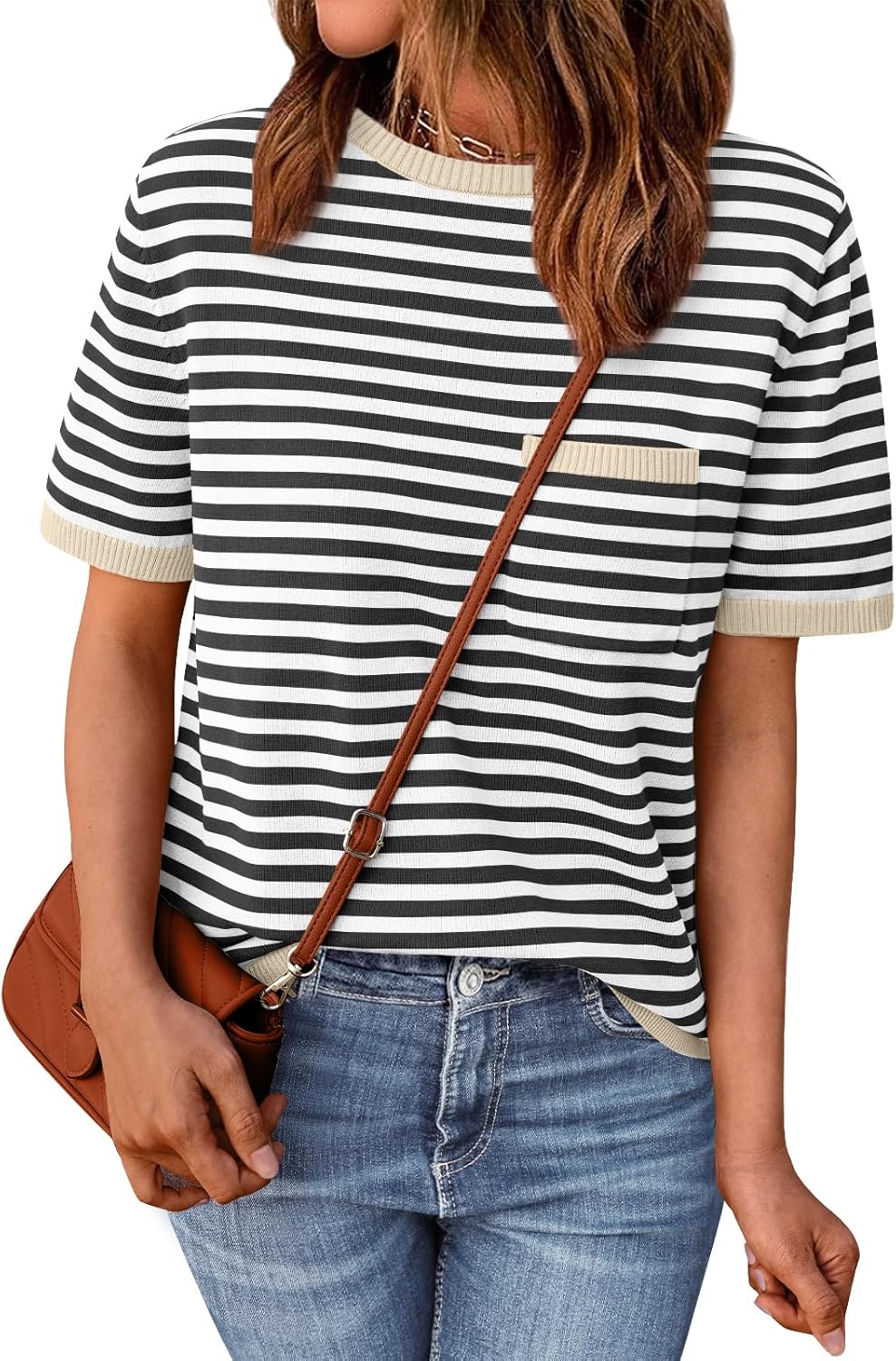 LILLUSORY Womens Striped Short Sleeve Sweater Pullover Shirts with Chest Pocket