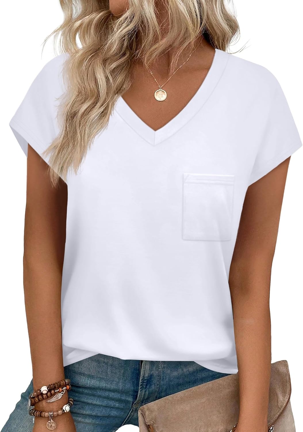 SAMPEEL Womens T Shirts V Neck Cap Short Sleeve Summer Tops Trendy 2025 Loose Casual Tshirts with Pocket