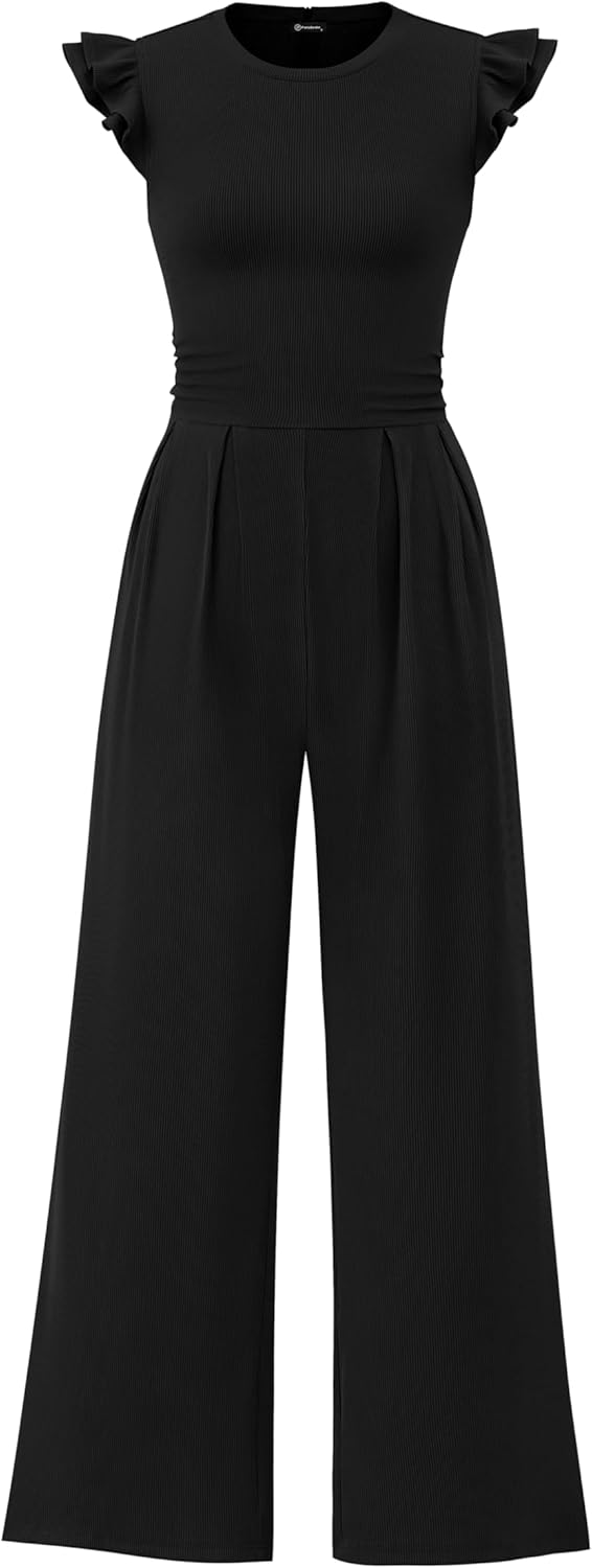 PRETTYGARDEN Summer Jumpsuits for Women Dressy 2025 Casual Ruffle Cap Sleeves Romper Crew Neck Rib Knit One Piece Outfits