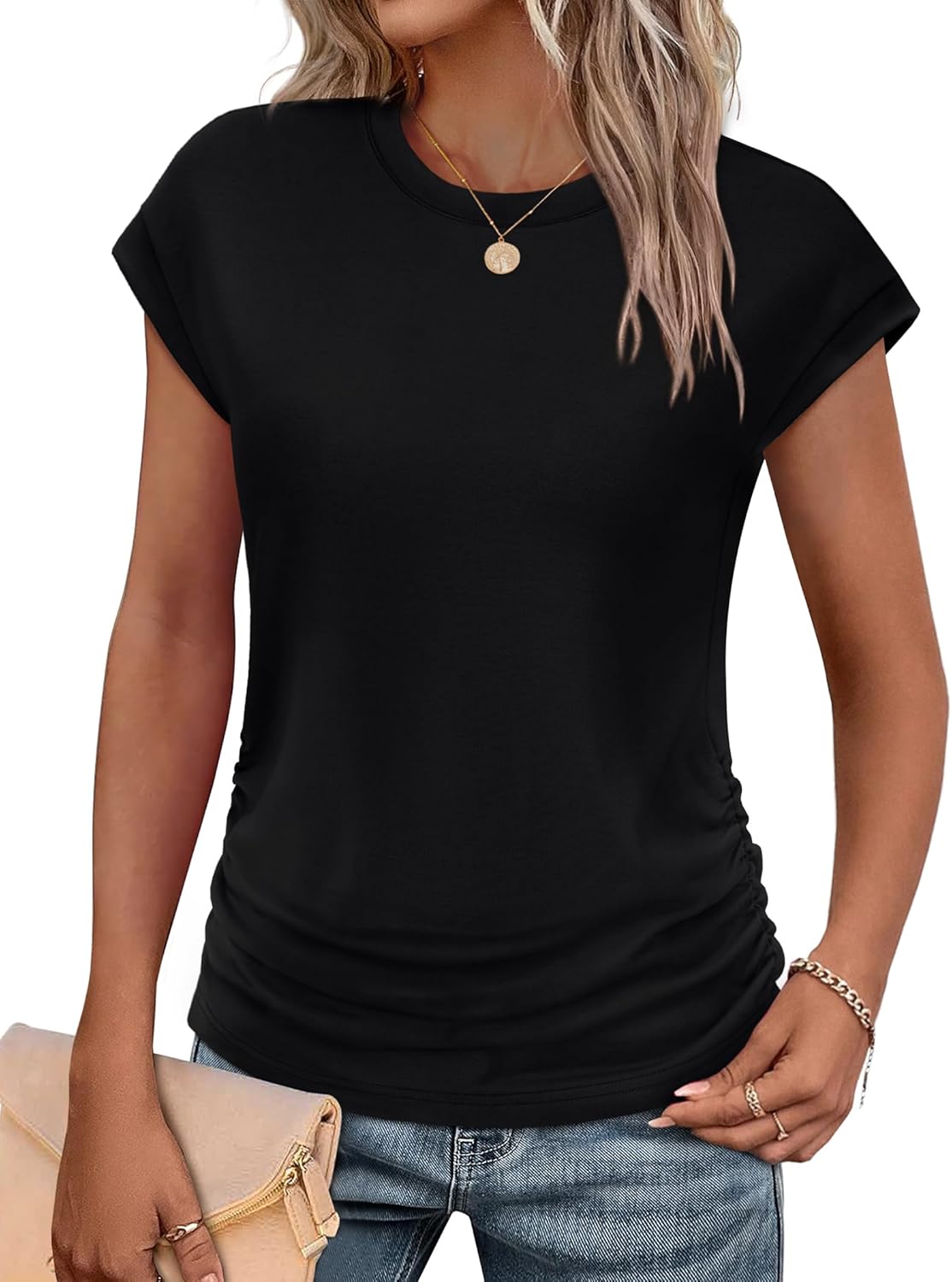 SAMPEEL Womens Summer Tops Trendy 2025 Ruched Cap Short Sleeve Tshirts Shirts Crew Neck T Shirts Fashion