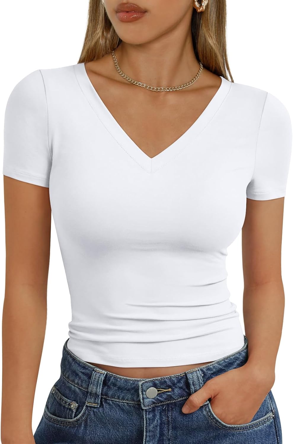 Trendy Queen Womens Basic V Neck Short Sleeve T Shirts Slim Fit Crop Y2k Tee 2025 Summer Cute Gym Fashion Clothes