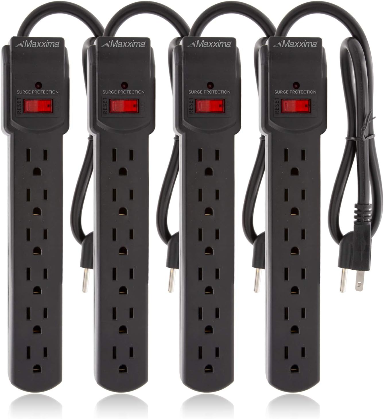 Maxxima 4-Pack 6 Outlet Power Strip Surge Protector - 300 Joules, Features Red On/Off Switch, Powers Multiple Electronics ...