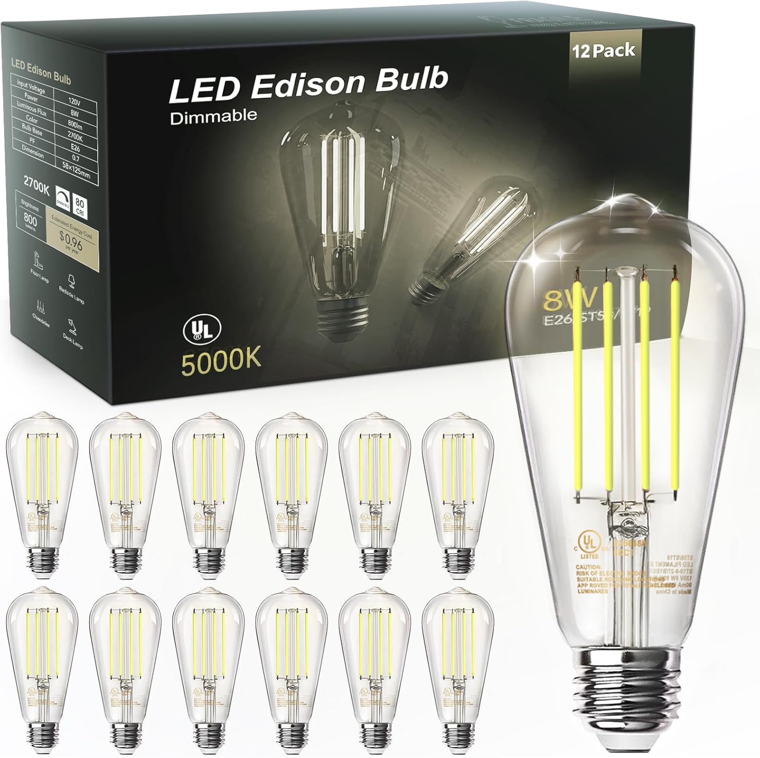 TJOY 12 Pack Vintage 8W ST58 LED Edison Light Bulbs, Dimmable, 60W Equivalent, 800Lumens, 2700K Warm White, E26 Base LED F...