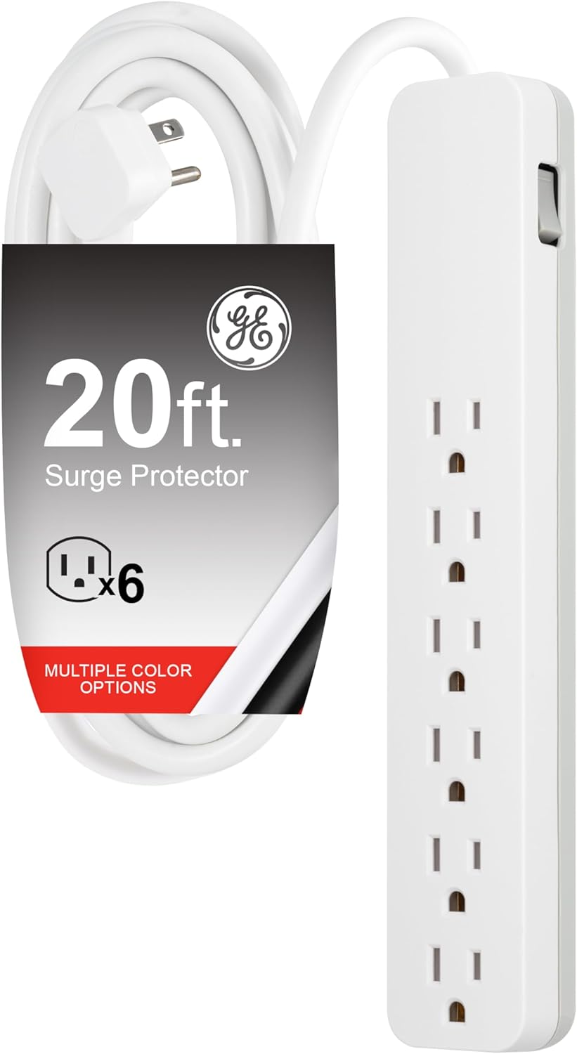 GE 6-Outlet Surge Protector, 20 Ft Braided Extension Cord, Power Strip, 840 Joules, Flat Plug, UL Listed, Black, 62941