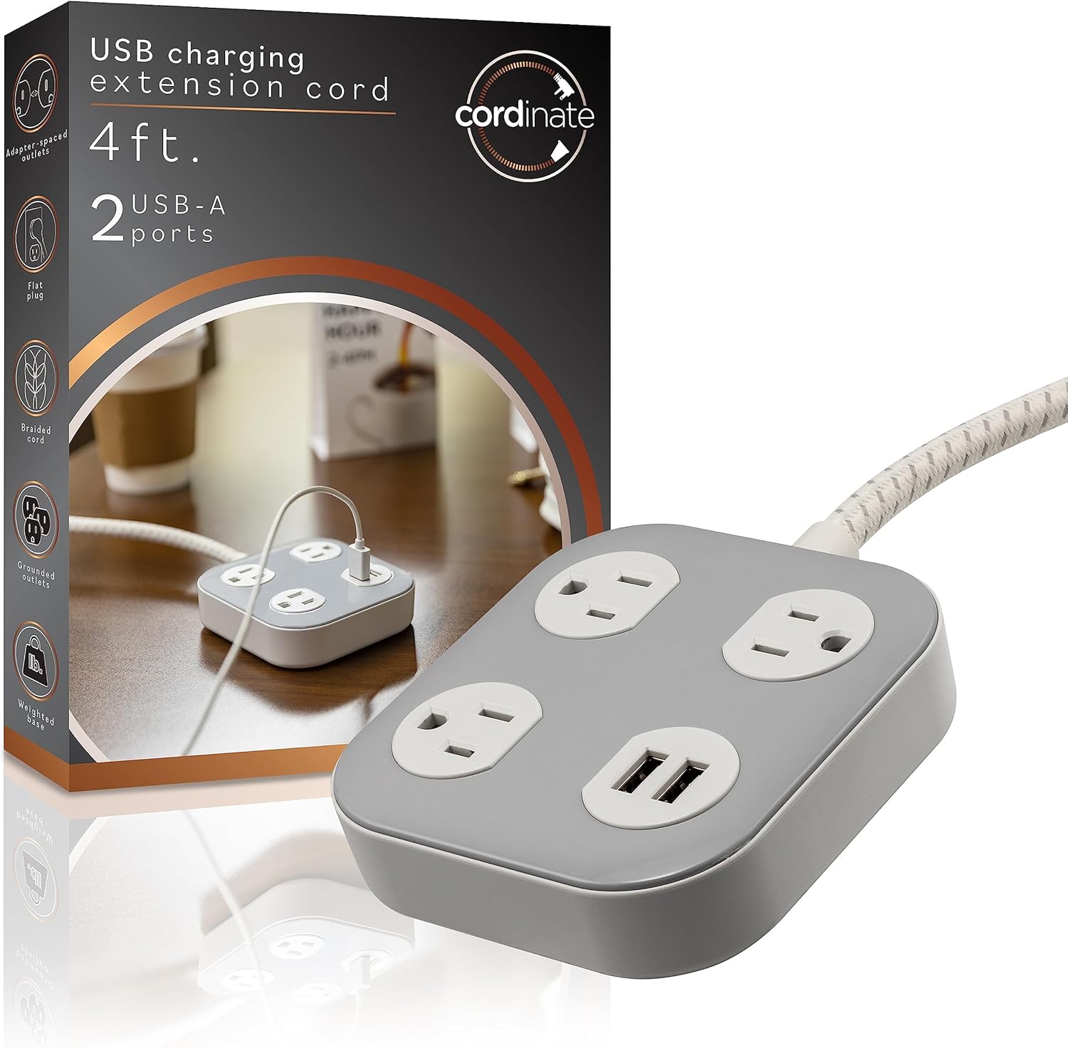 Cordinate Adapt 6 Widely Spaced Multiple Outlets Surge Protector Power Strip 8 ft Braided Extension Cord Flat Plug Electri...