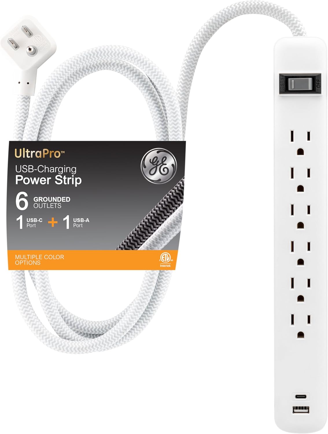 GE 6-Outlet Power Strip with USB, 1 USB-A & 1 USB-C, Outlet Extender, 6 Ft Braided Extension Cord, Flat Plug, Charging Sta...