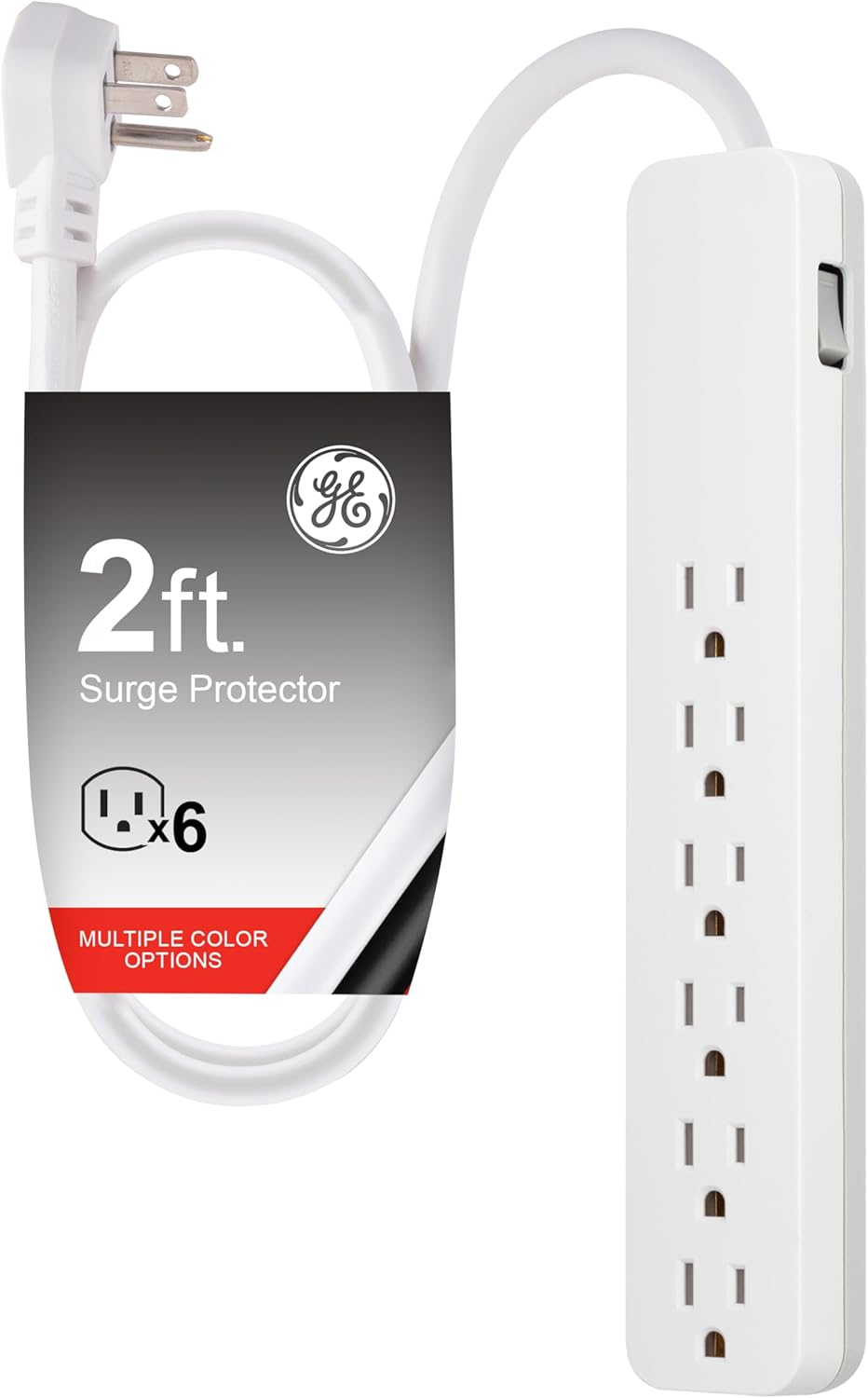 GE Pro 6-Outlet Surge Protector, 2 Ft Extension Cord, 620 Joules, Power Strip, Flat Plug, Integrated Circuit Breaker, Wall...