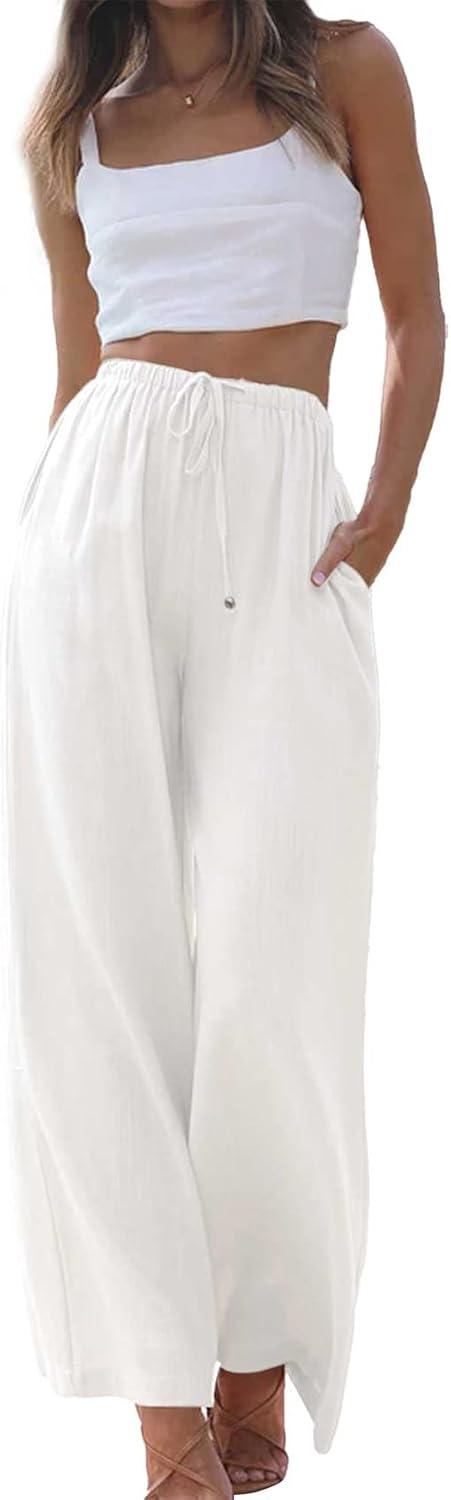 Duyang Womens Cotton Linen Palazzo Pants Drawstring Elastic Waist Casual Wide Leg Trousers with Pockets