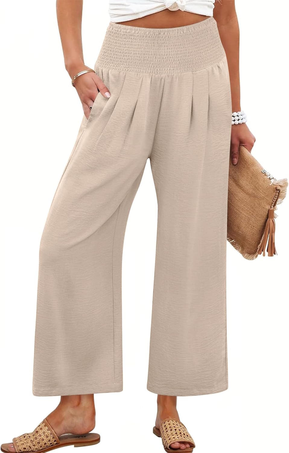ANRABESS Womens Pants Wide Leg High Waisted Palazzo Pants Summer Flowy Beach Lounge Casual Trousers with Pockets