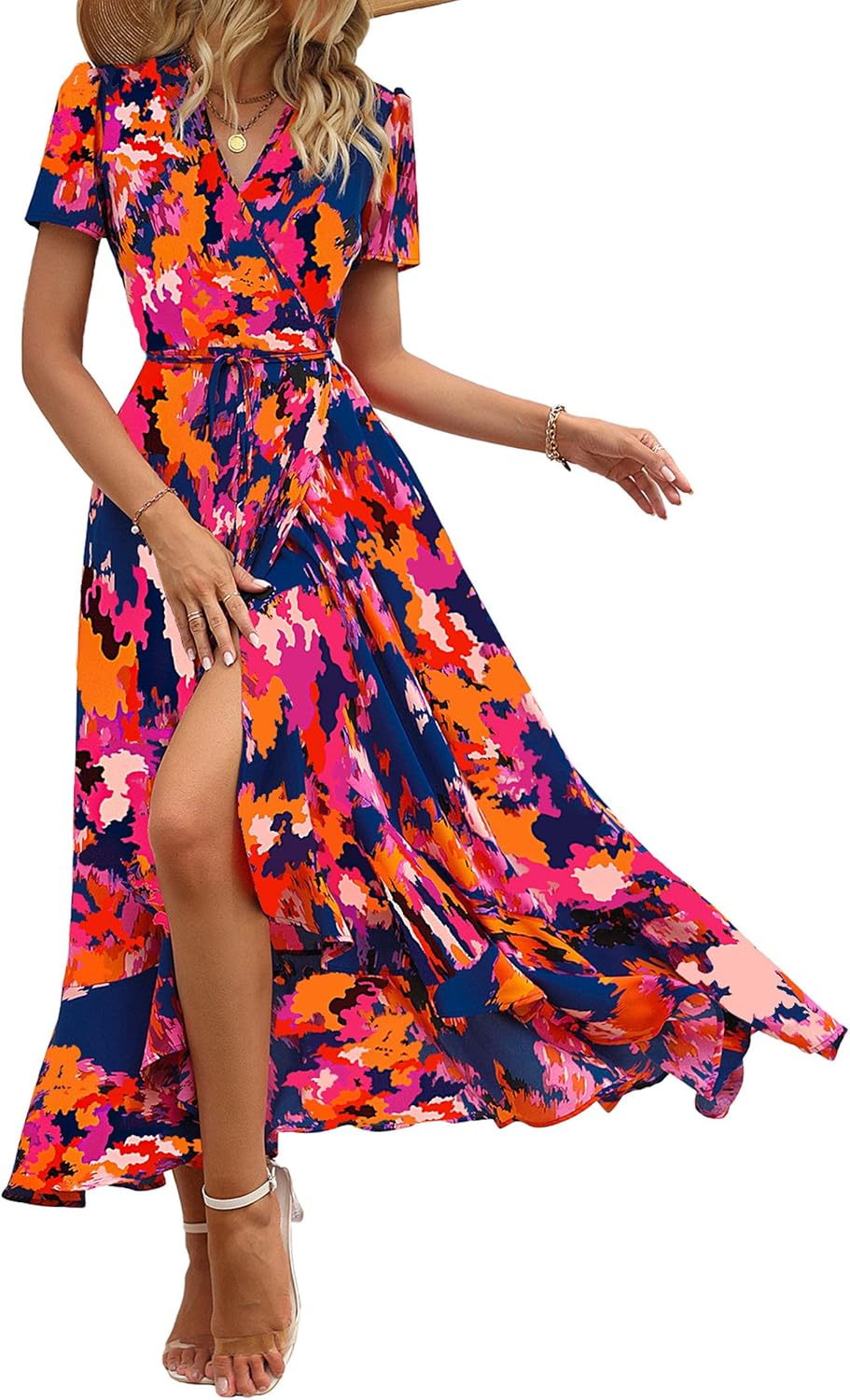 PRETTYGARDEN Women's Summer Maxi Dress Casual Wrap Floral Boho Short Sleeve V Neck Split Ruffle Beach Long Dresses
