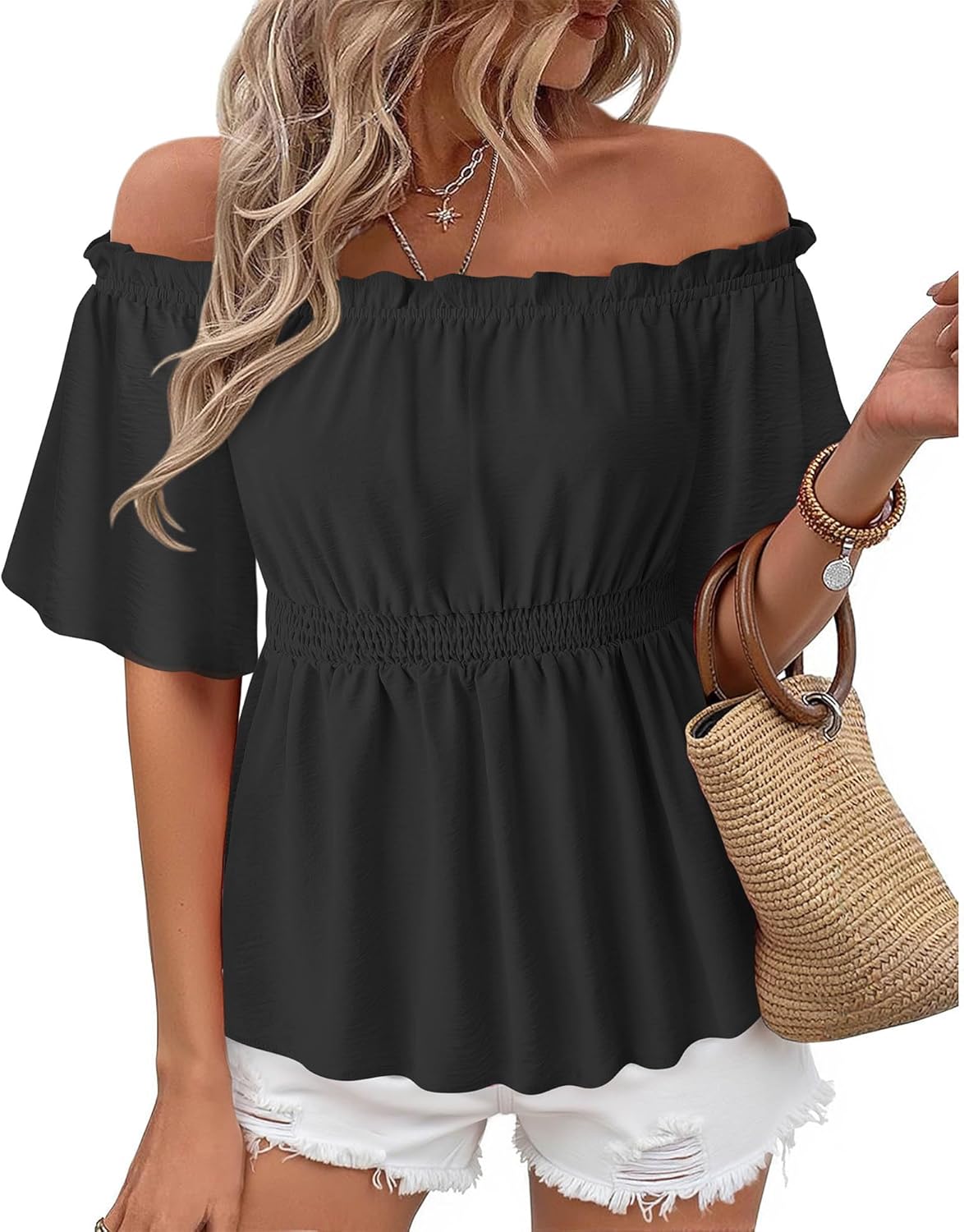 Bebonnie Women's Summer Off The Shoulder Short Sleeve Chiffon Blouse Ruffle Hem Tops