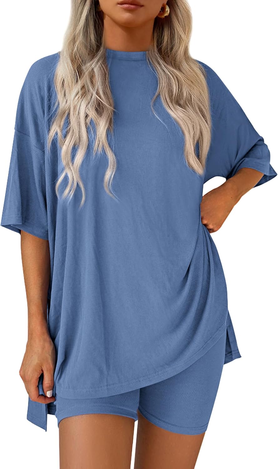 PRETTYGARDEN Women's Two Piece Lounge Set 2025 Summer Casual Oversized Shirts Biker Shorts Matching Airport Travel Outfit