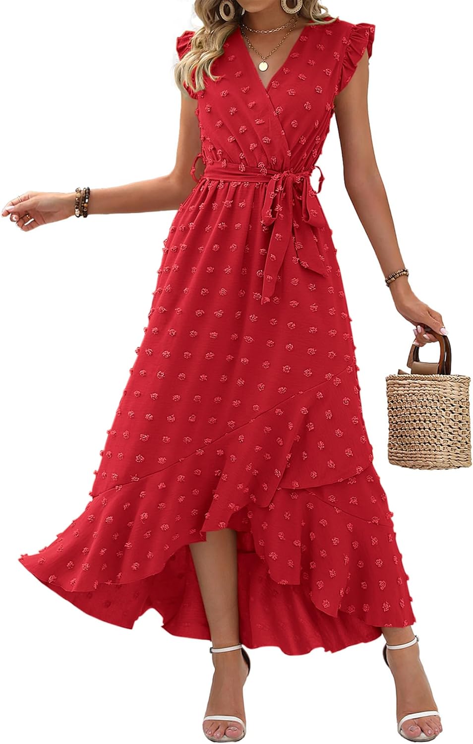 BTFBM Women V Neck Summer Dress 2025 Cap Sleeve Swiss Dot Boho Flowy Ruffle Slit Beach Party Long Maxi Cocktail Dresses