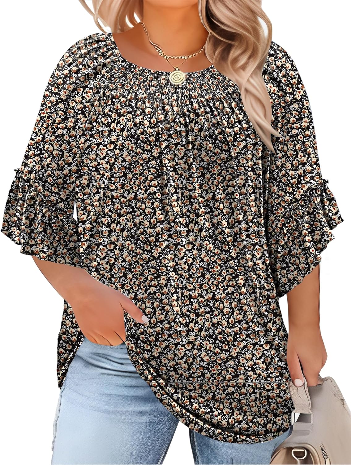 Micoson Womens Plus Size Tops 3/4 Ruffle Sleeve Shirts Crewneck Pleated Blouses Dressy Casual Fashion Tunic Top (1X-5X)