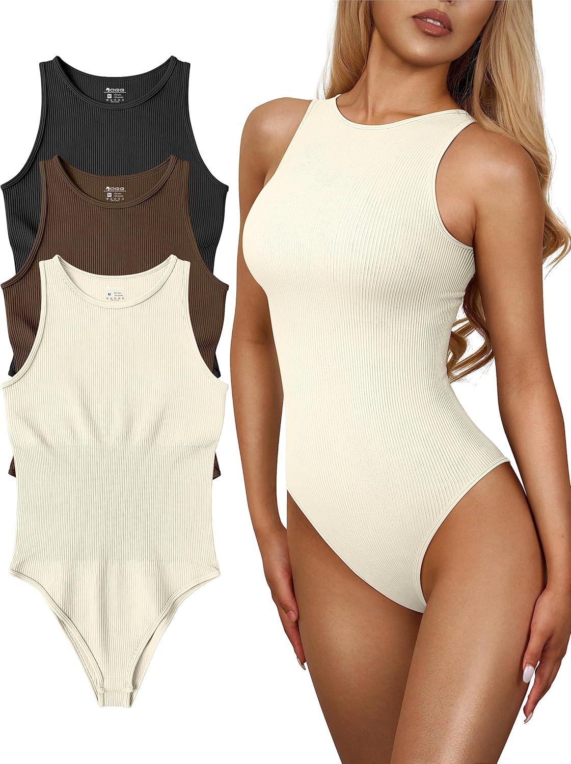 OQQ Women's 3 Piece Bodysuits Sexy Ribbed One Piece Sleeveless Halter Neck Tops Leotard Summer Trendy