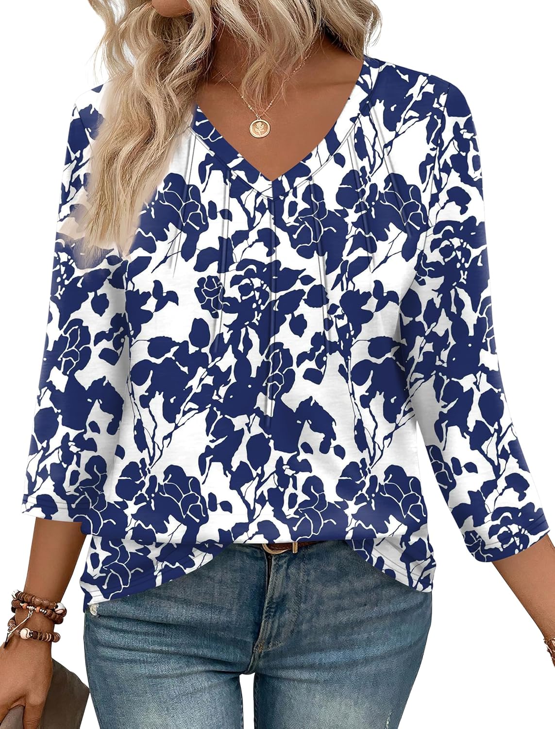 SAMPEEL 3/4 Length Sleeve Womens Tops Pleated V Neck Dressy Casual Blouses Summer Outfits Plus Size Spring Clothes