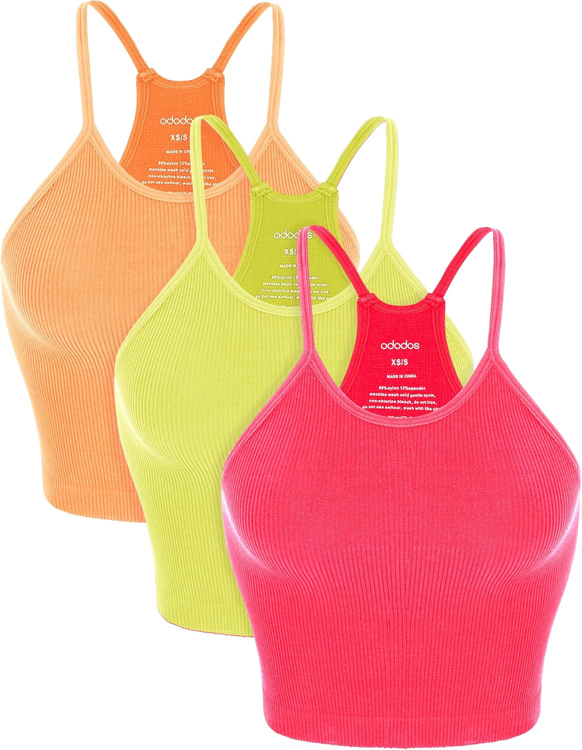 ODODOS Women's Crop 3-Pack Seamless Rib-Knit Camisole Crop Tank Tops