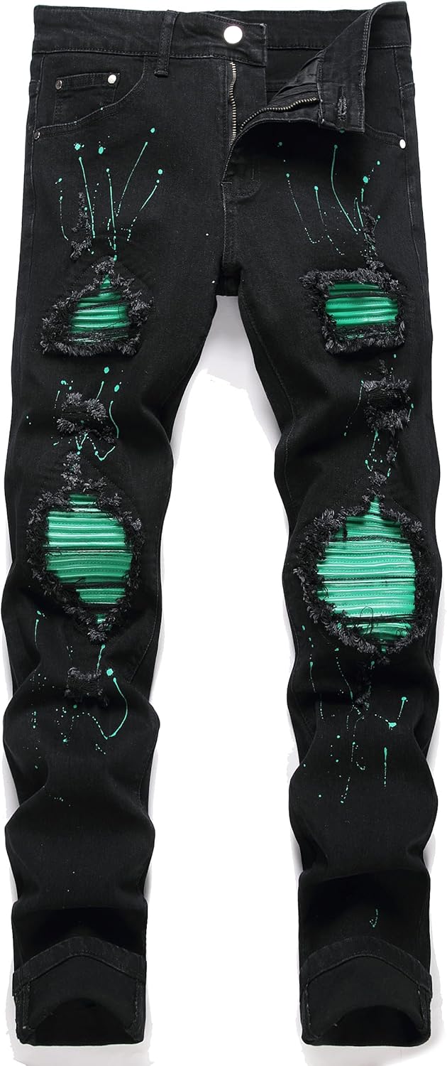 GHYYHG Men's Ripped Patch Elastic Jeans Fashion Slim Fit Regular Denim Pants