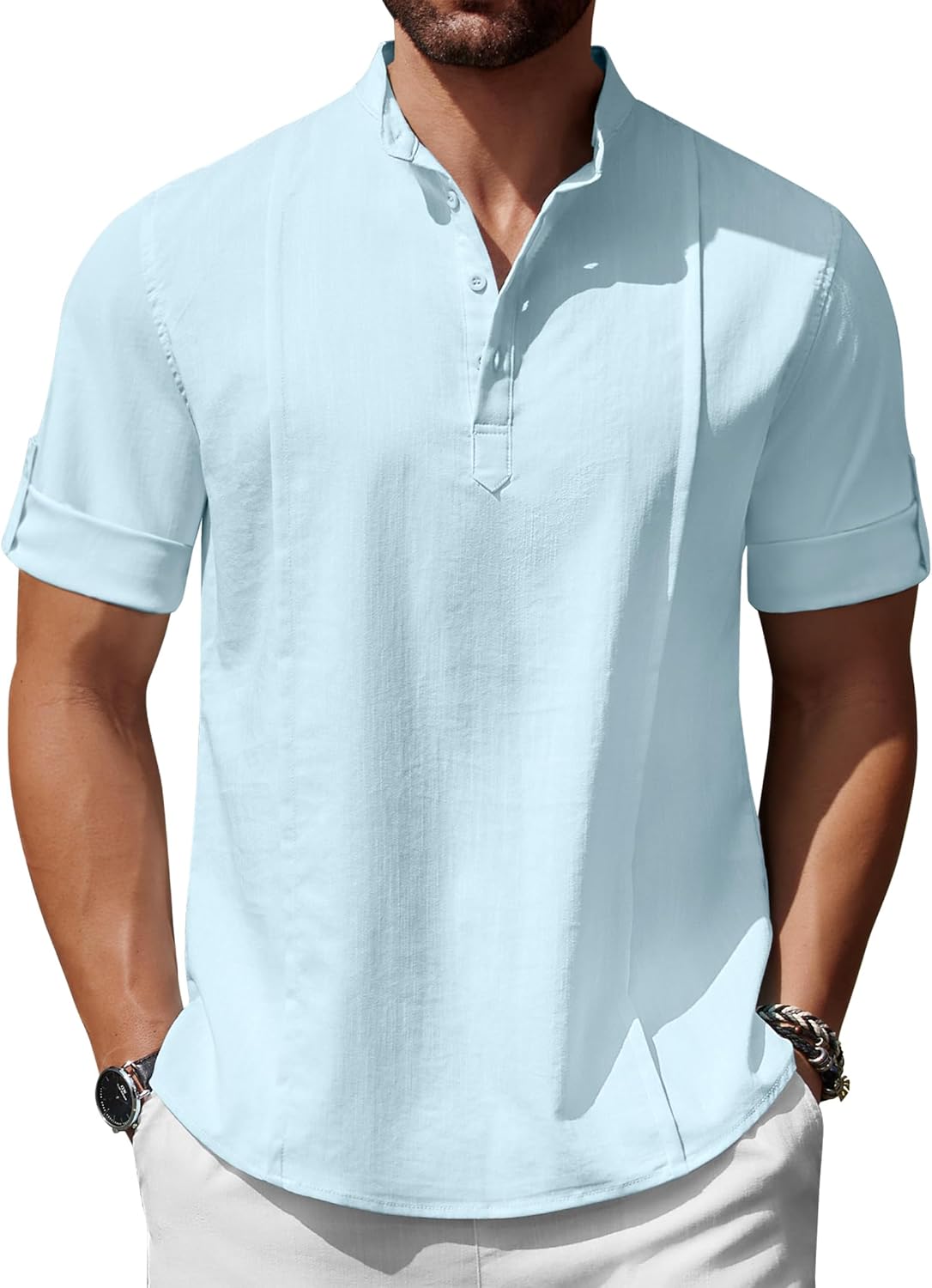 COOFANDY Men's Henley T-Shirts Short Sleeve Casual Button Henley Shirts Band Collar Tee Summer Beach Hippie Shirts