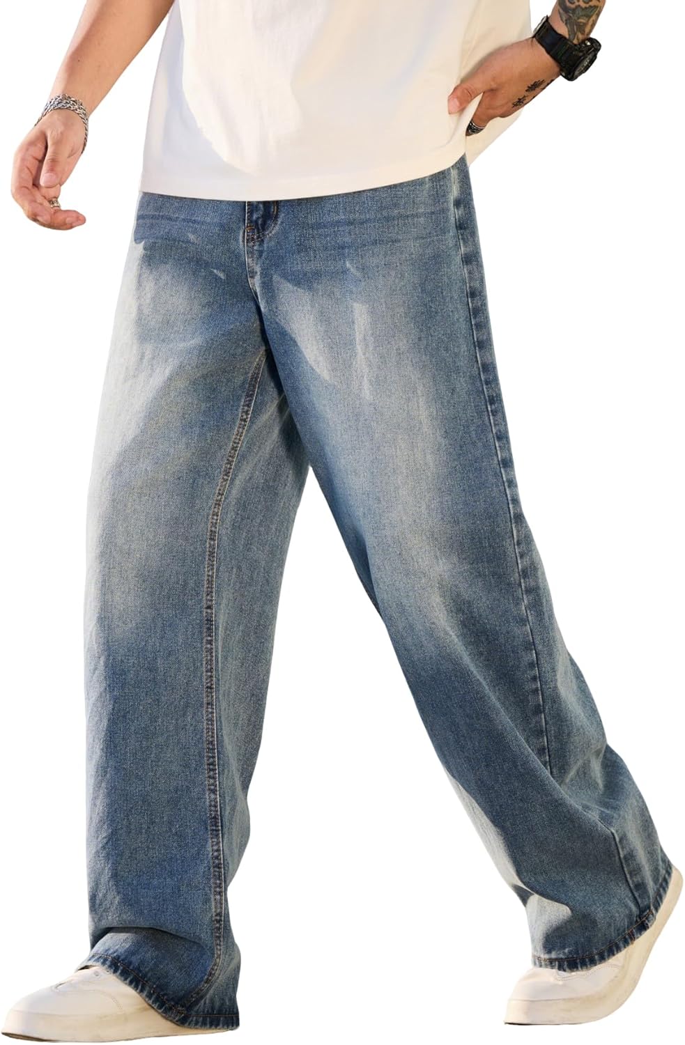 DFGIGT Mens Baggy Jeans Distressed Wide Leg Denim Pants Casual Loose Fit Trousers Streetwear