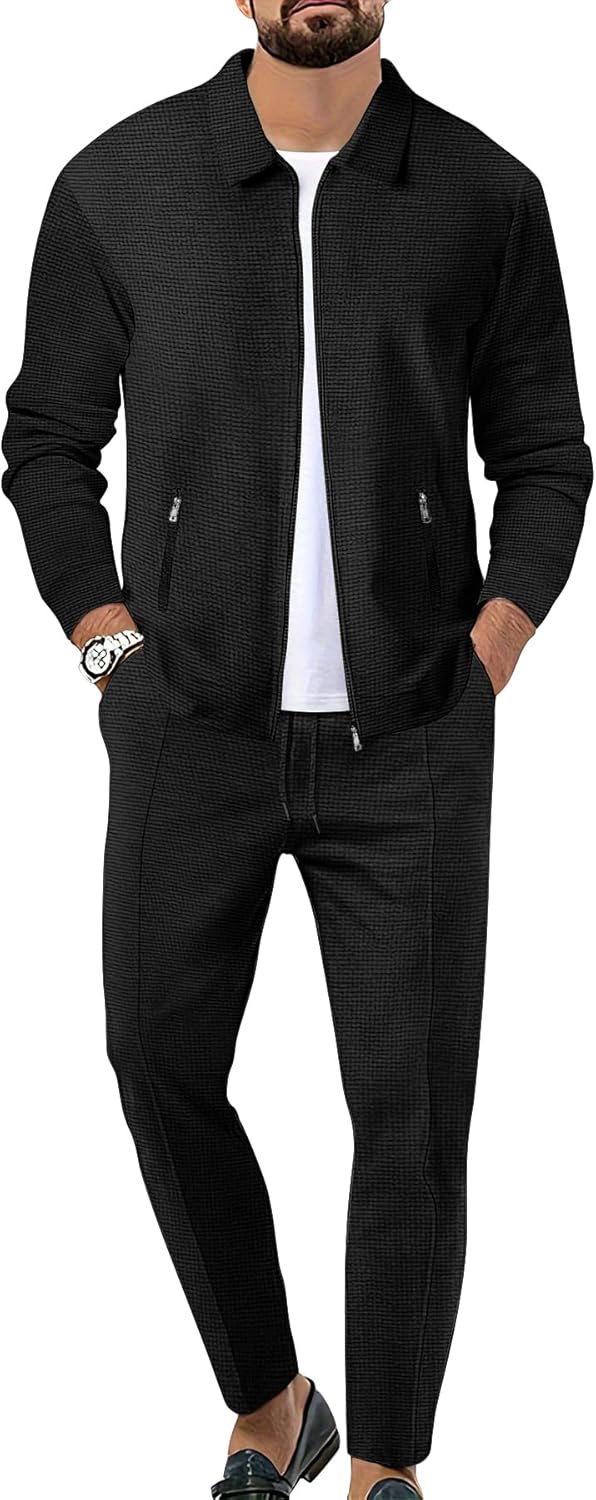 Riskrole Men's Waffle Tracksuit 2 Pieces Set Casual Long Sleeve Zip Up Sweatsuits Solid Athletic Jogging Suit Sets