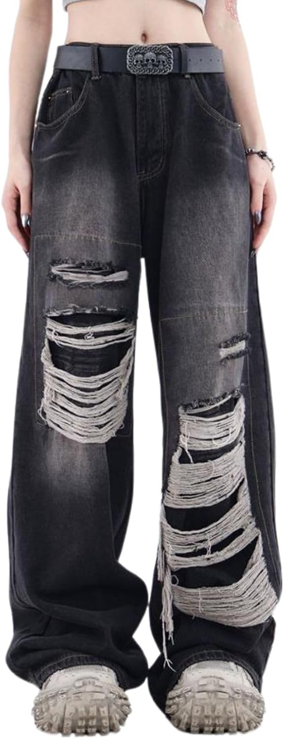 Lafaguw Baggy Jeans for Women Men Ripped Straight Leg Pants High Waisted Distressed Jeans Y2K Grunge Summer Clothes.