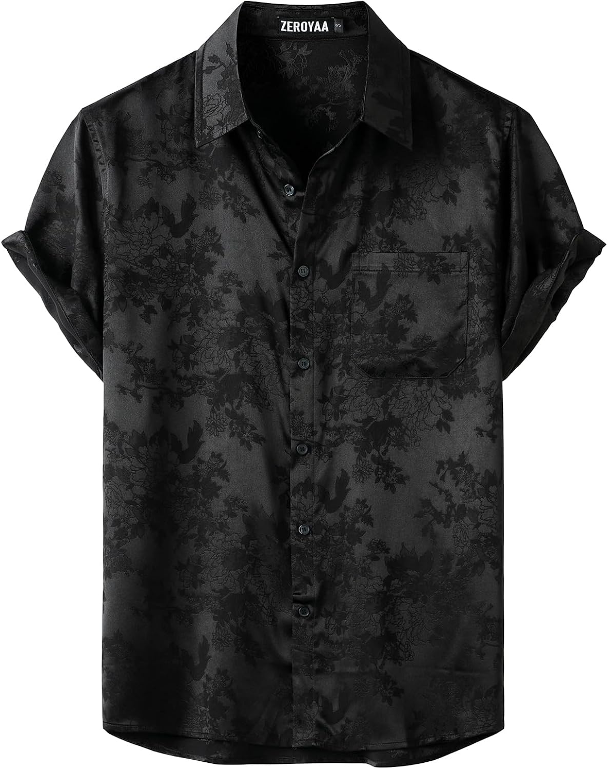 ZEROYAA Men's Shiny Luxury Silk Satin Floral Jacquard Short Sleeve Regular Fit Button Down Shirt for Party Prom