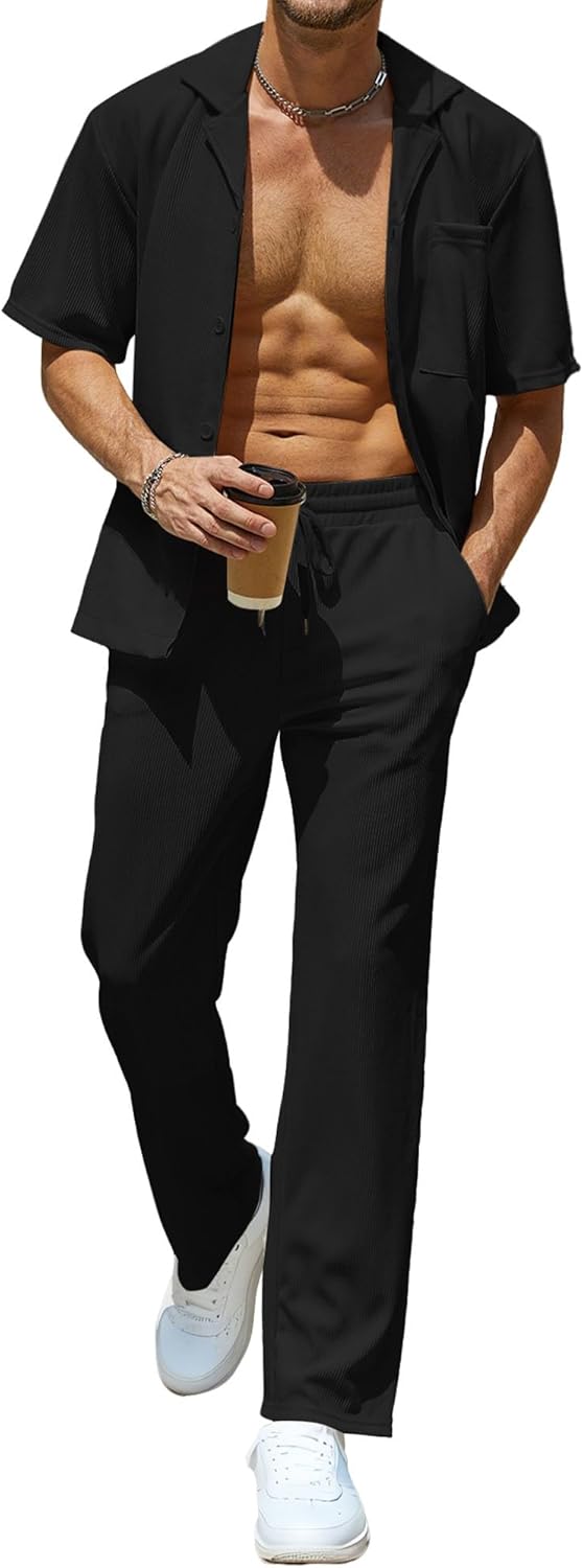 UOUA Mens Summer 2 Piece Set Casual Outfits Button Short Sleeve Shirt & Loose Pants Textured Striped Tracksuit Walking Suits