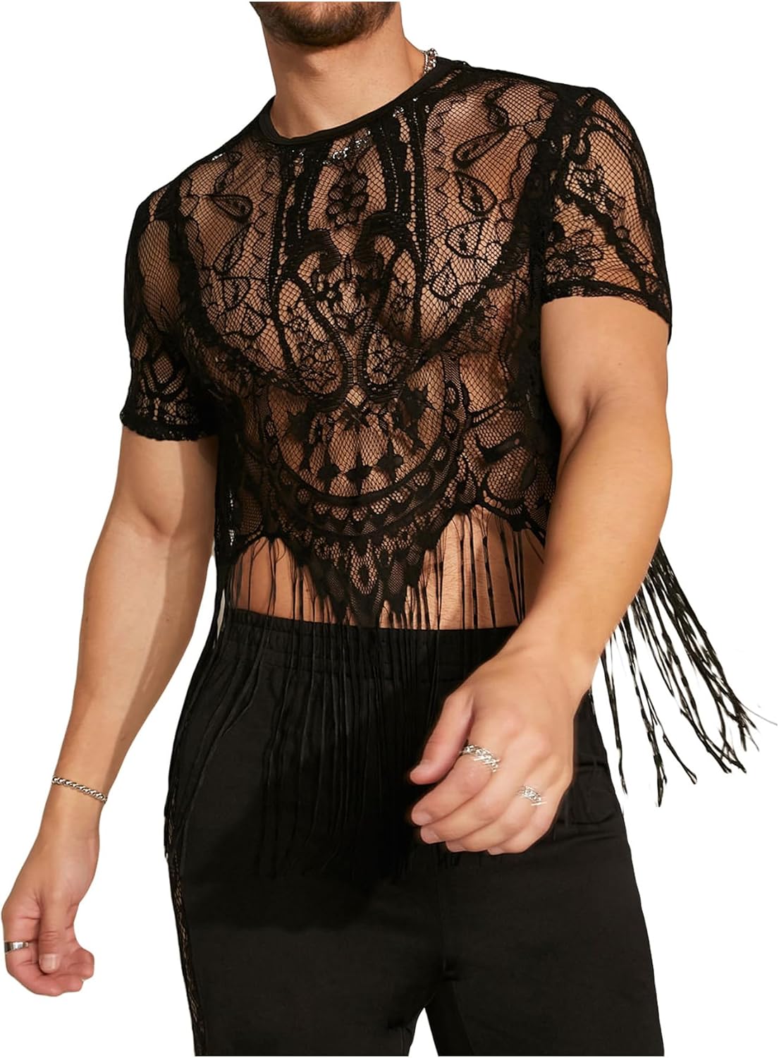 SHENHE Men's Sheer Floral Lace Fringe Short Sleeve Crewneck Cropped Tee Party Shirt Top