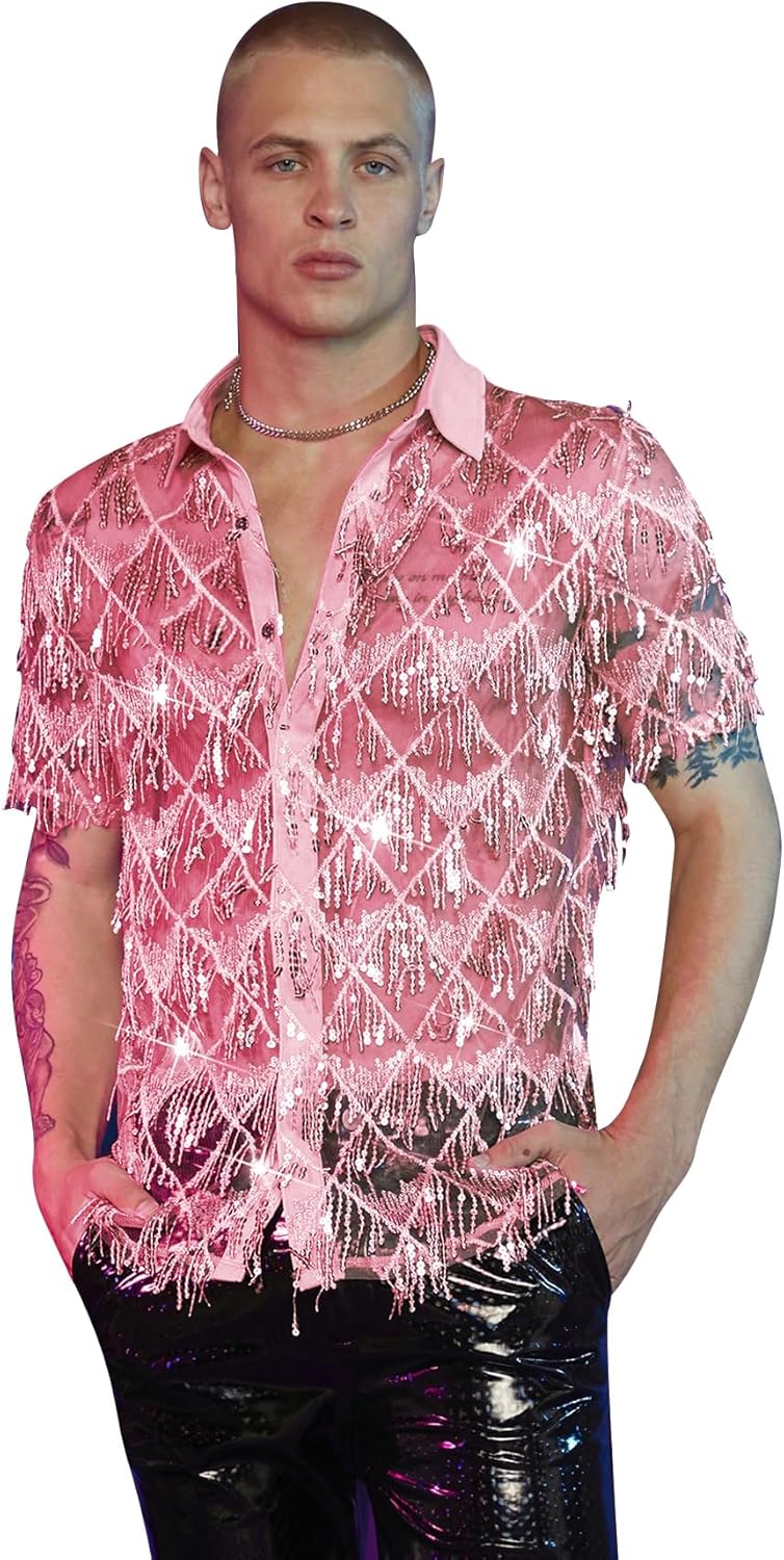 WDIRARA Men's Sequin Decor Fringe Button Front Shirts Short Sleeve Sheer Party T Shirt