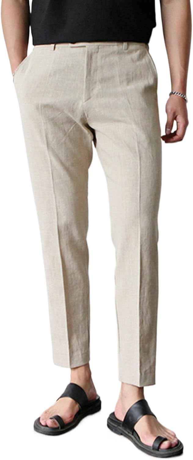 GINGTTO Linen Pants Men Slim Fit Elastic Waistband Lightweight Summer Beach Fashion Casual Pant