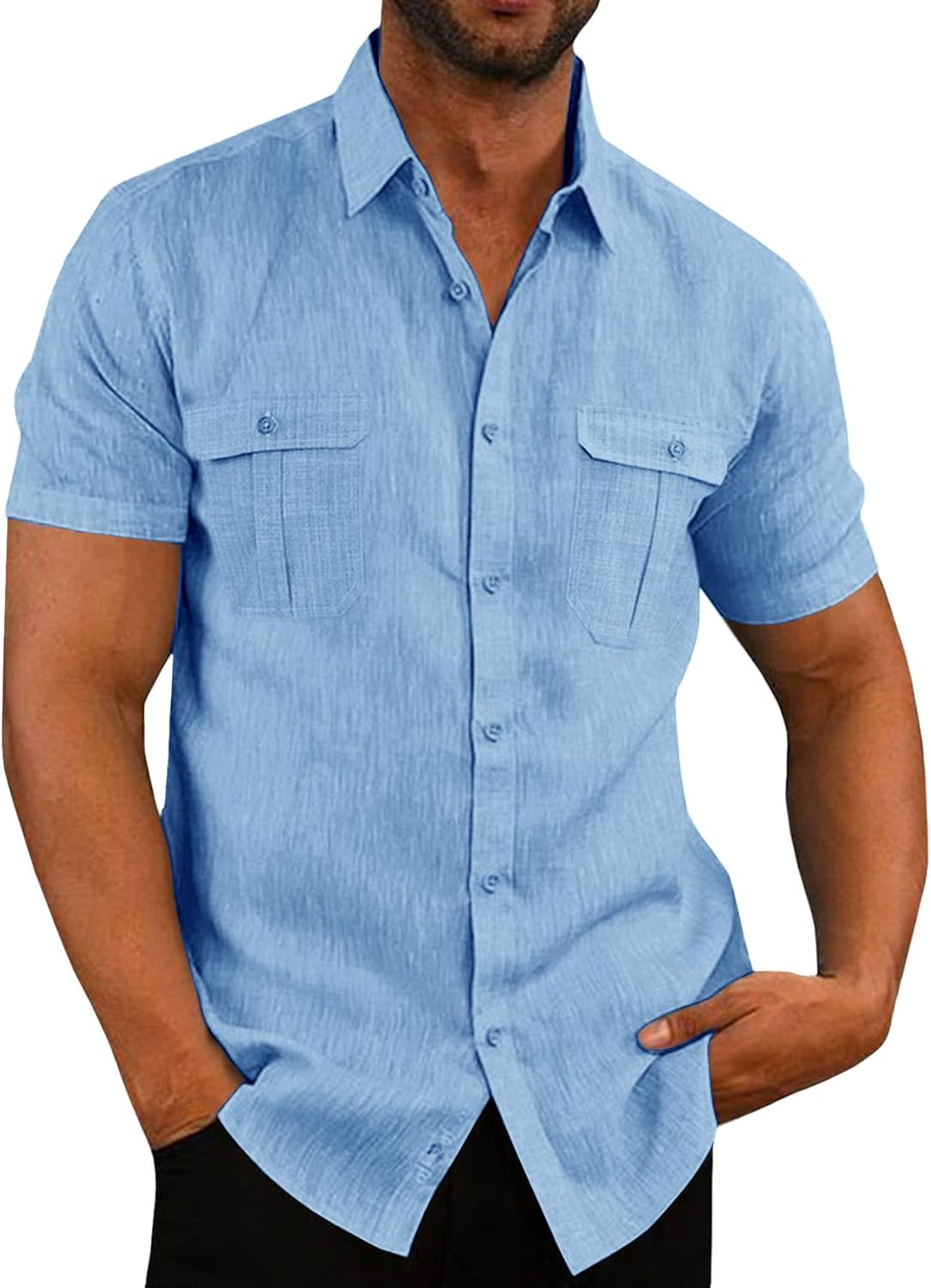 Pengfei Mens Short Sleeve Shirts Linen Cotton Button Down Tees Spread Collar Plain Shirts A-Grey Large