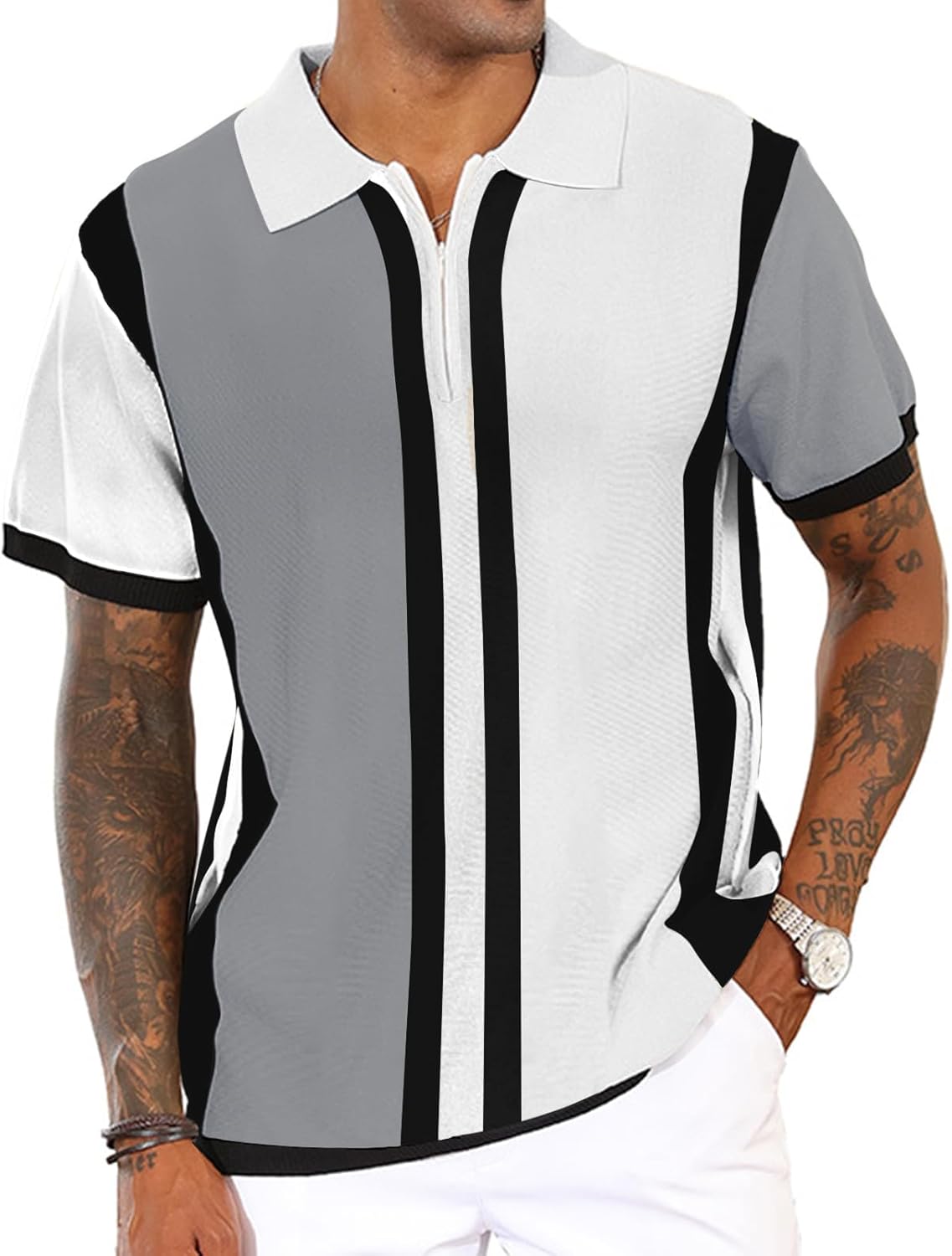 Men's Fashion Knit Polo Shirts Vintage Striped Knitting Shirts Ribbed Slim Fit Golf Shirts