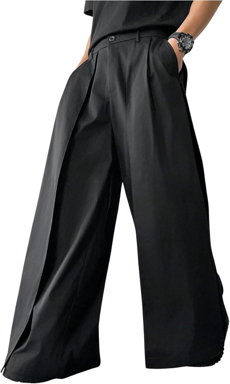 OYOANGLE Men's Baggy Wide Leg Pants Zipper Fly Pleated Trousers Business Casual Dress Pants with Pocket