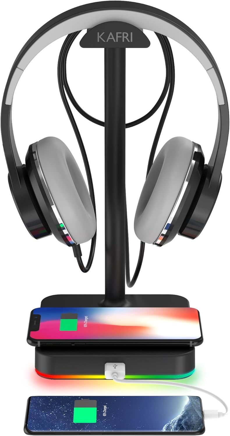 KAFRI RGB Headphone Stand with Wireless Charger Desk Gaming Headset Holder Hanger Rack with 10W/7.5W QI Charging Pad and Q...