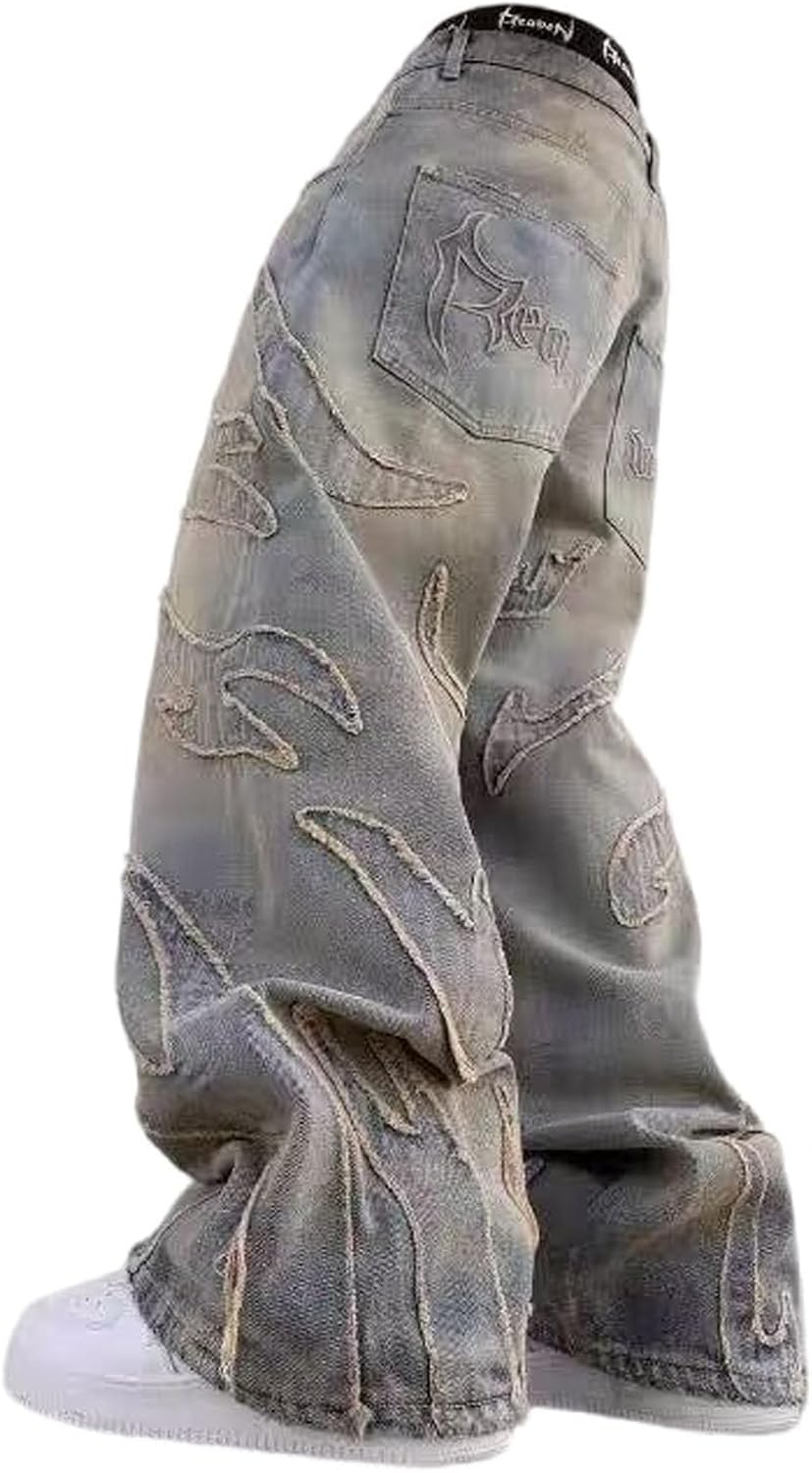 FEUSEUZ Y2K Men's Street Retro Hip-hop Flame Splicing Wide Leg Gothic Loose Jeans