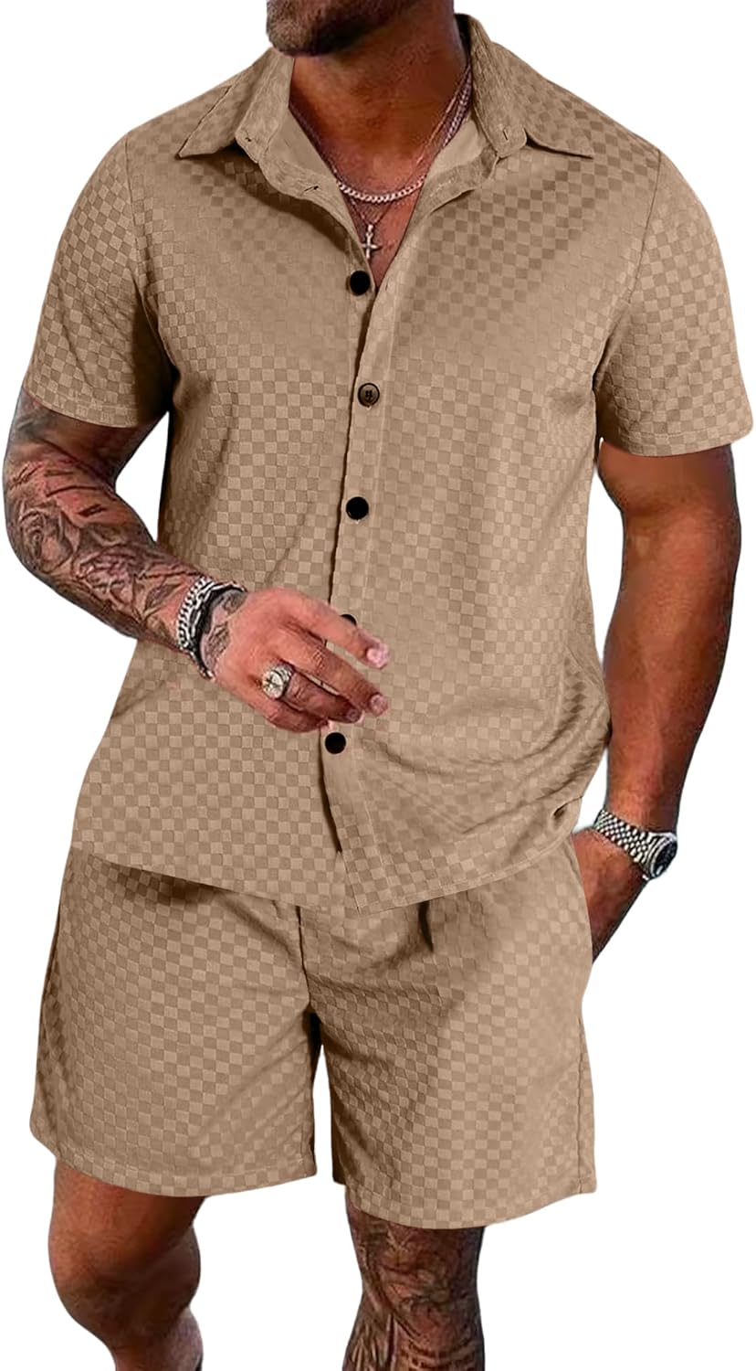UOUA Mens Velour Tracksuit 2 Piece Outfits Short Sleeve Button Down Shirt and Short Sets Casual Sweatsuits