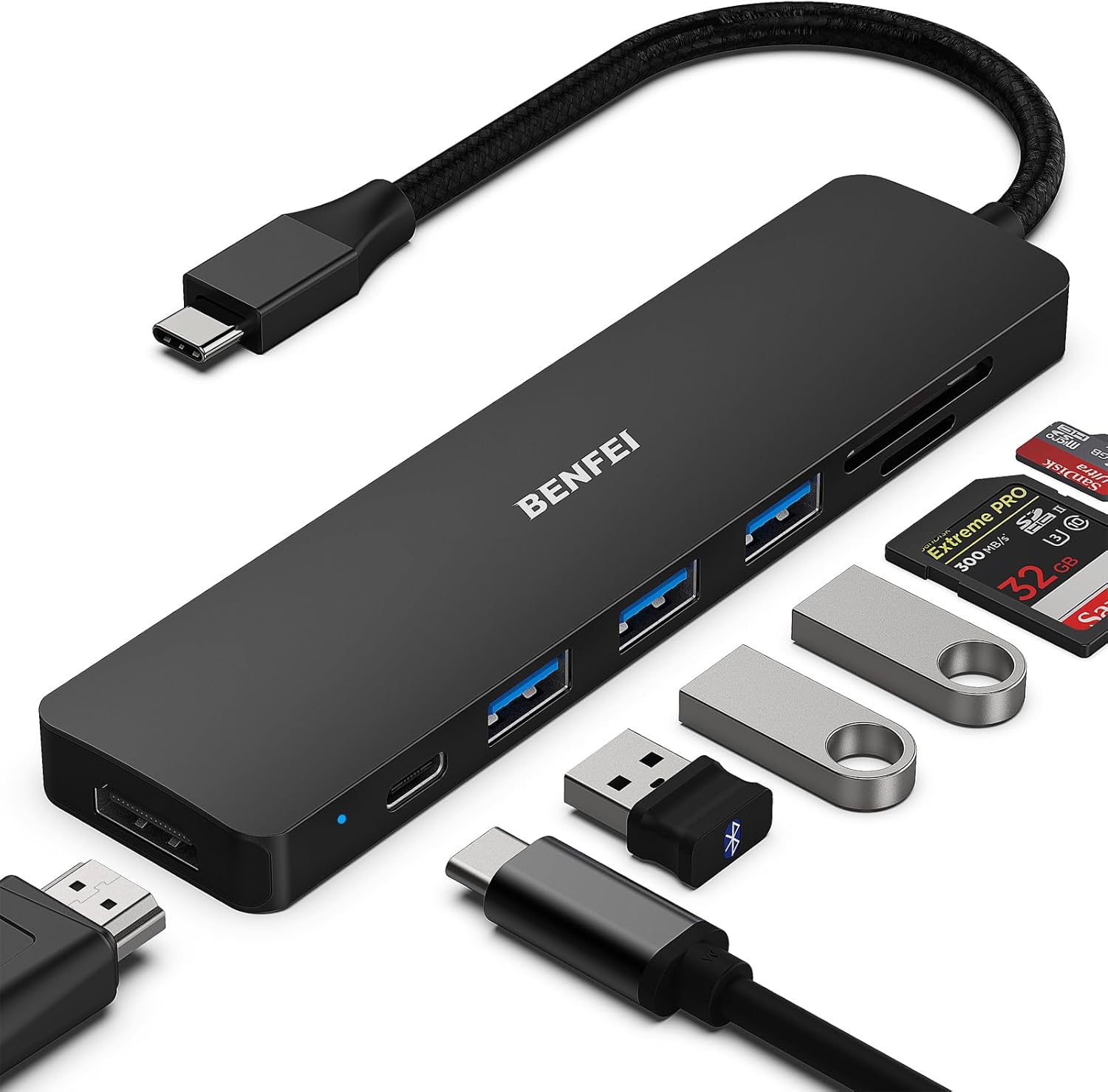 BENFEI USB C HUB 7-in-1 with HDMI(4K@60Hz,Certified), 100W Power Delivery, 3*USB 3.0, SD/TF Card Reader(160MB/s) Compatibl...