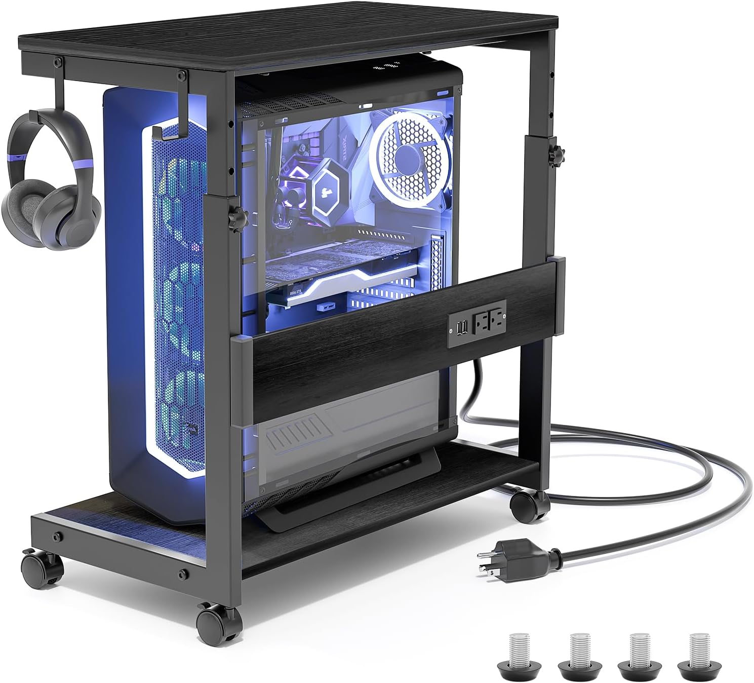 Height Adjustable Computer Tower Stand with Charge Station and USB Charging Port, 2-Tier ATX-Case Cart, Under Desk Mobile ...