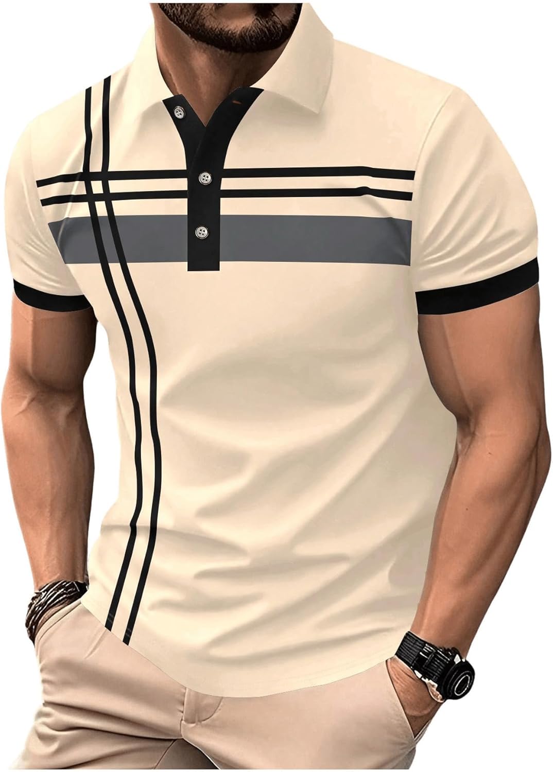 SOLY HUX Men's Casual Golf Shirts Short Sleeve Button Down Striped Collared Shirts Summer Work T-Shirt