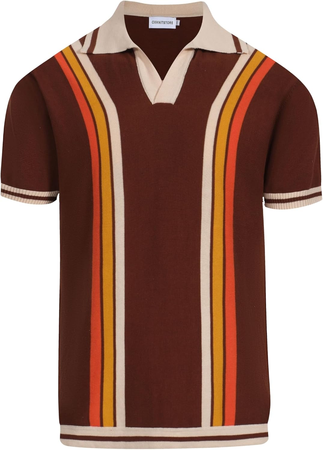 OXKNIT Mens Retor Polo Striped Brown V-Neck Knitted Shirt 1960s Mod Style Vintage Collared T Shirt