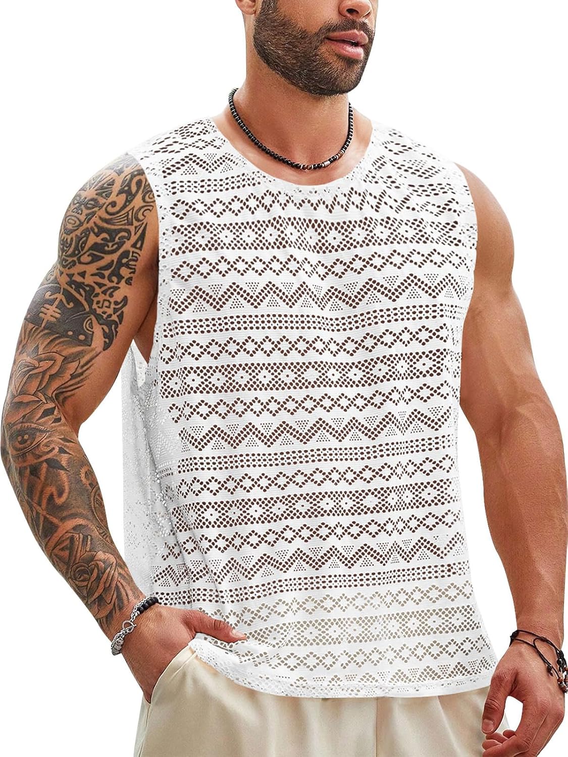 Beotyshow Mens See Through Vest Crewneck Sleeveless Tank Tops Muscle Sexy Lace Mesh Shirts