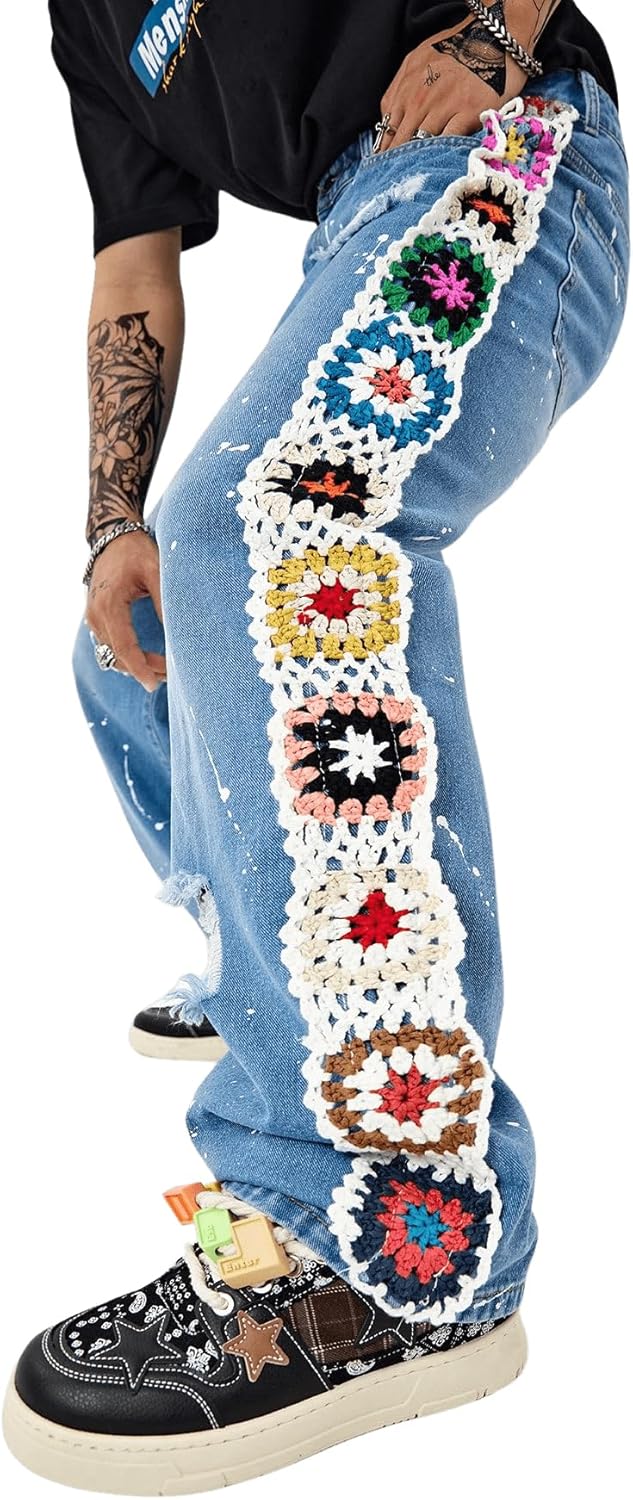 BEAUDRM Men's Floral Crochet Baggy Jeans Ripped Distressed Jeans Hip Hop Straight Leg Denim Pants Streetwear