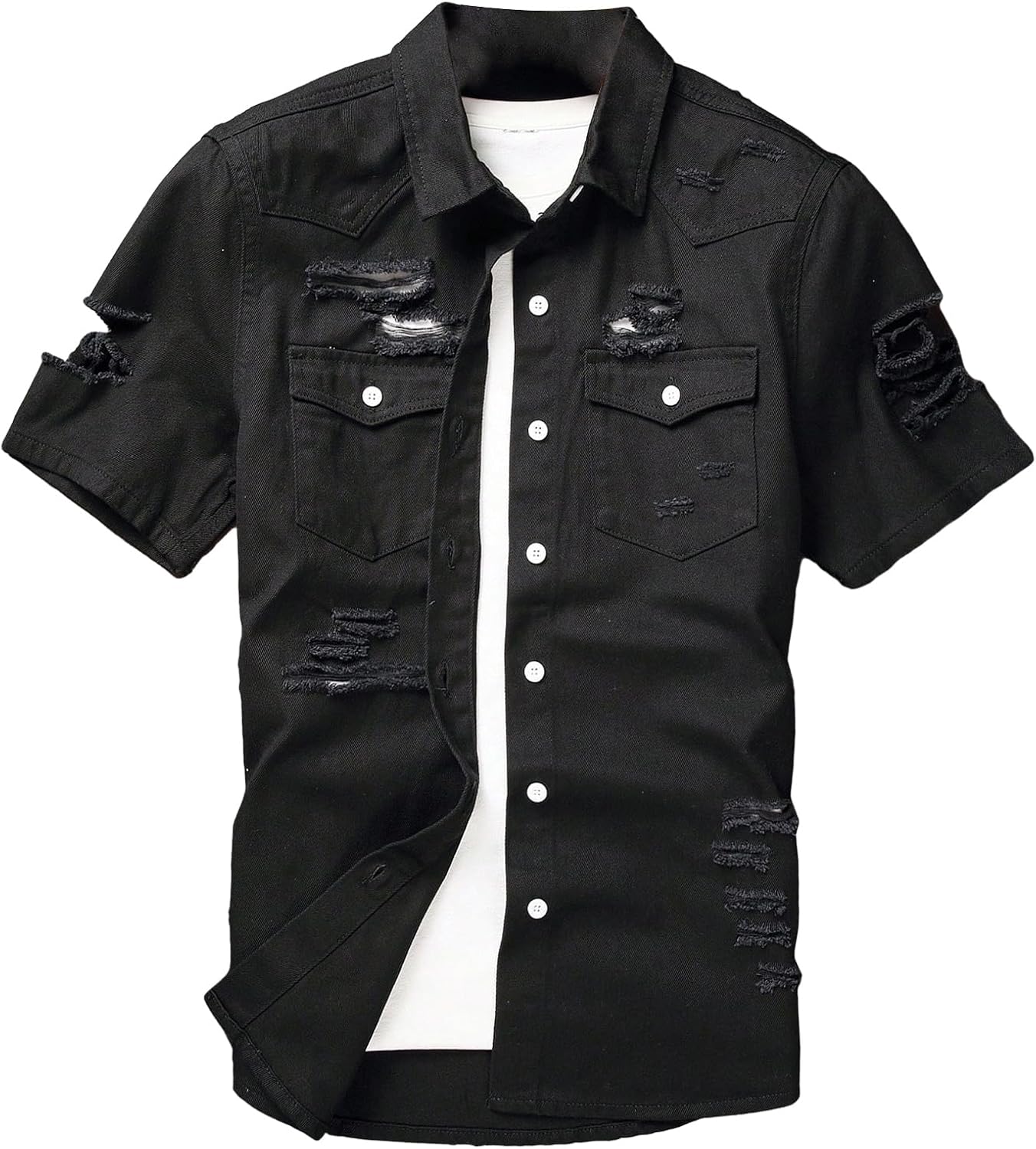 Floerns Men's Causal Ripped Button Front Dual Pocket Short Sleeve Denim Shirt Without Tee