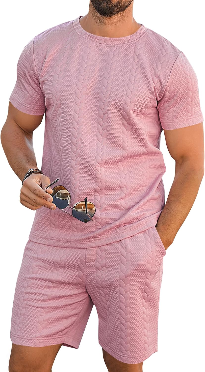 Babioboa Men's Short Sleeve Tracksuit Summer T Shirt & Shorts set Striped Jaquard Solid Two Piece Casual Daily Duty-off